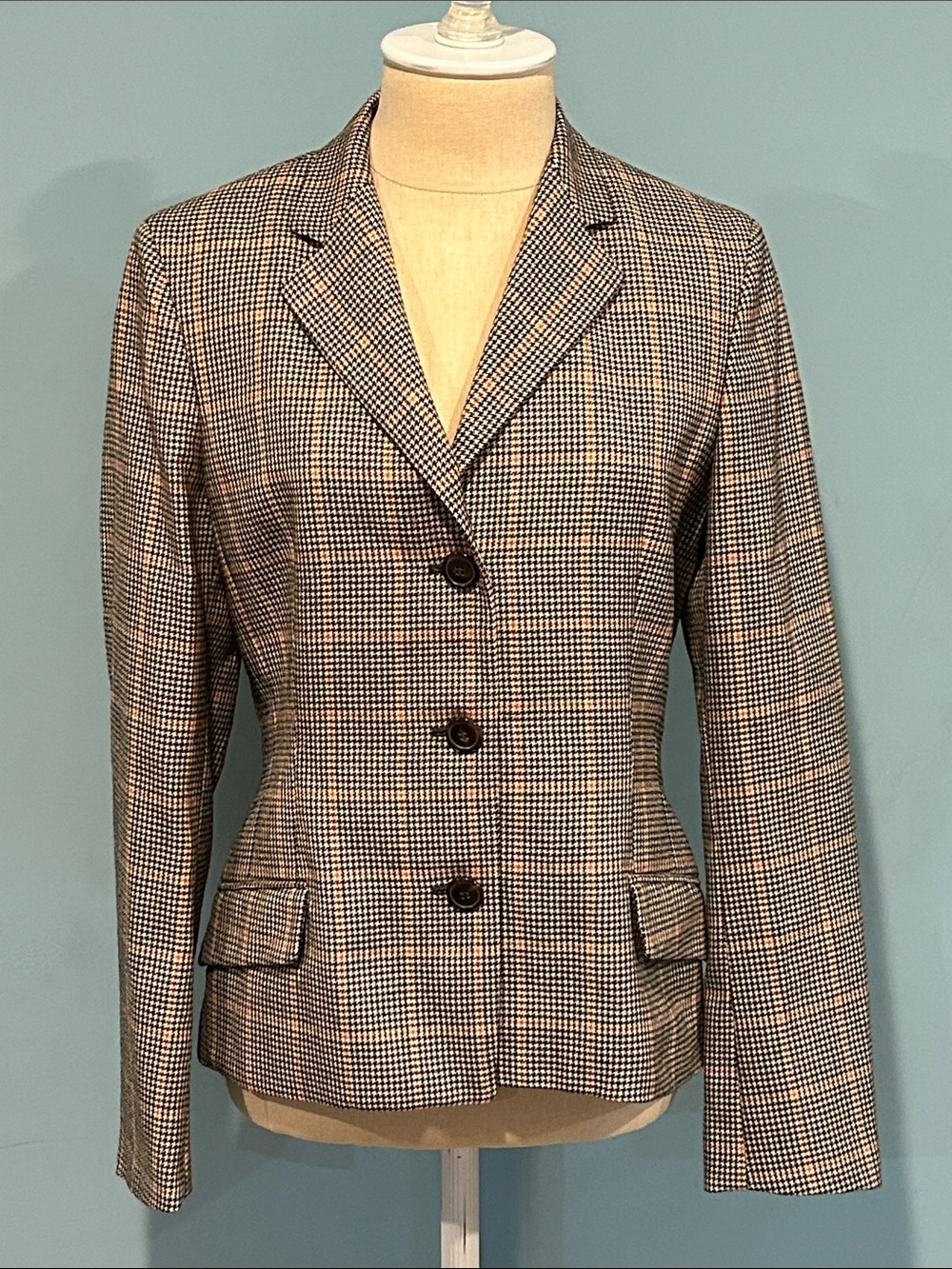 Luciano Barbero Wool Plaid Houndstooth 3-Button Blazer Jacket US 6 Black White